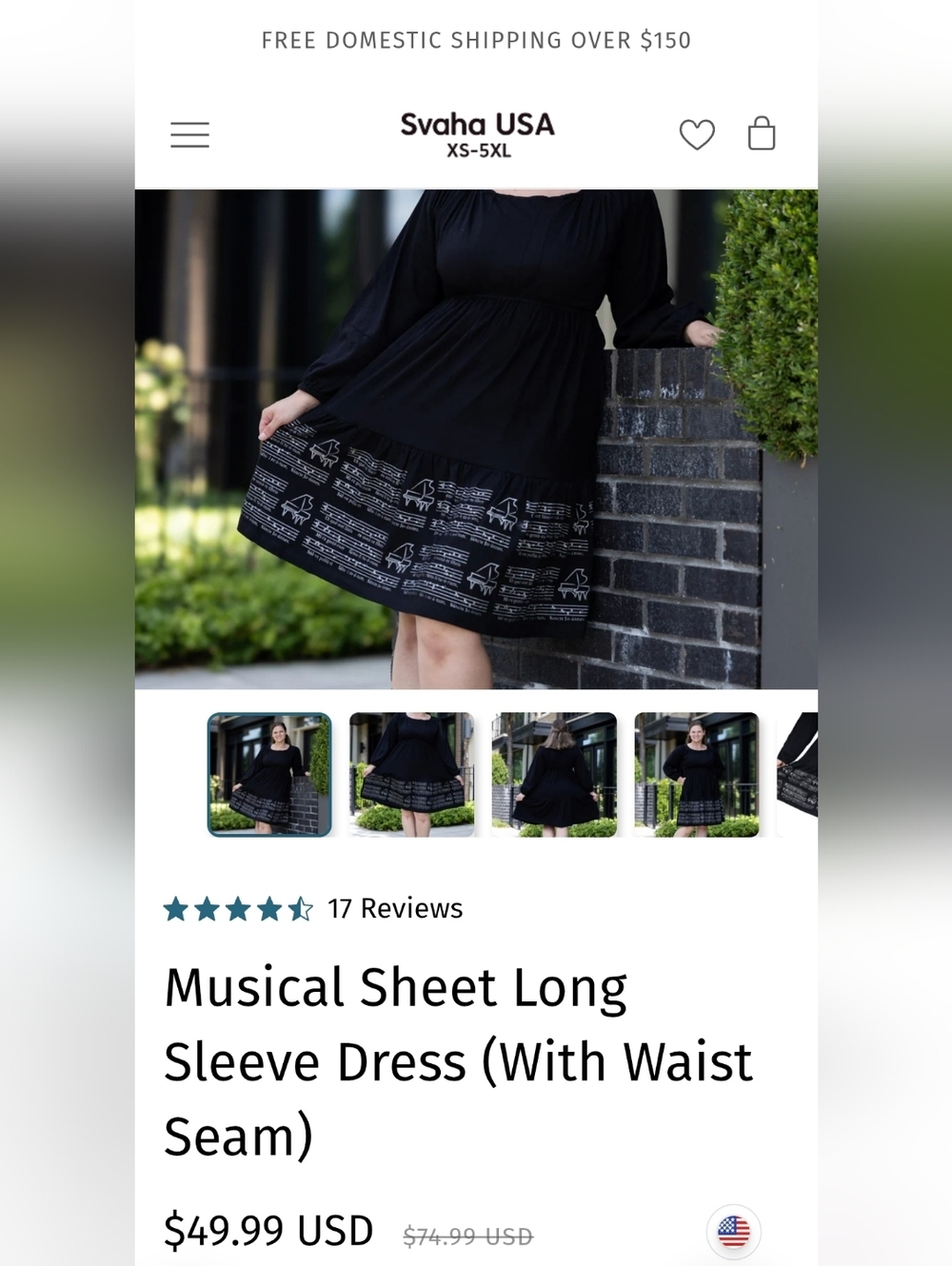 Svaha USA 100% Cotton Black Musical Sheet Midi Dress With Silver Print, 2XL